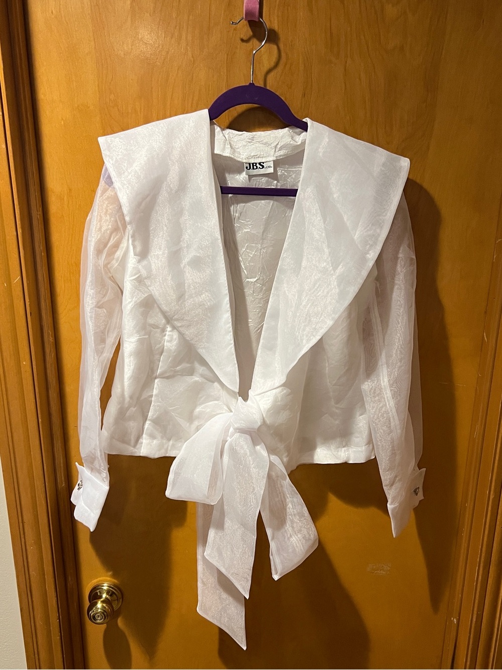 Vintage white sheer organza blouse with waist tie and shawl-like collar